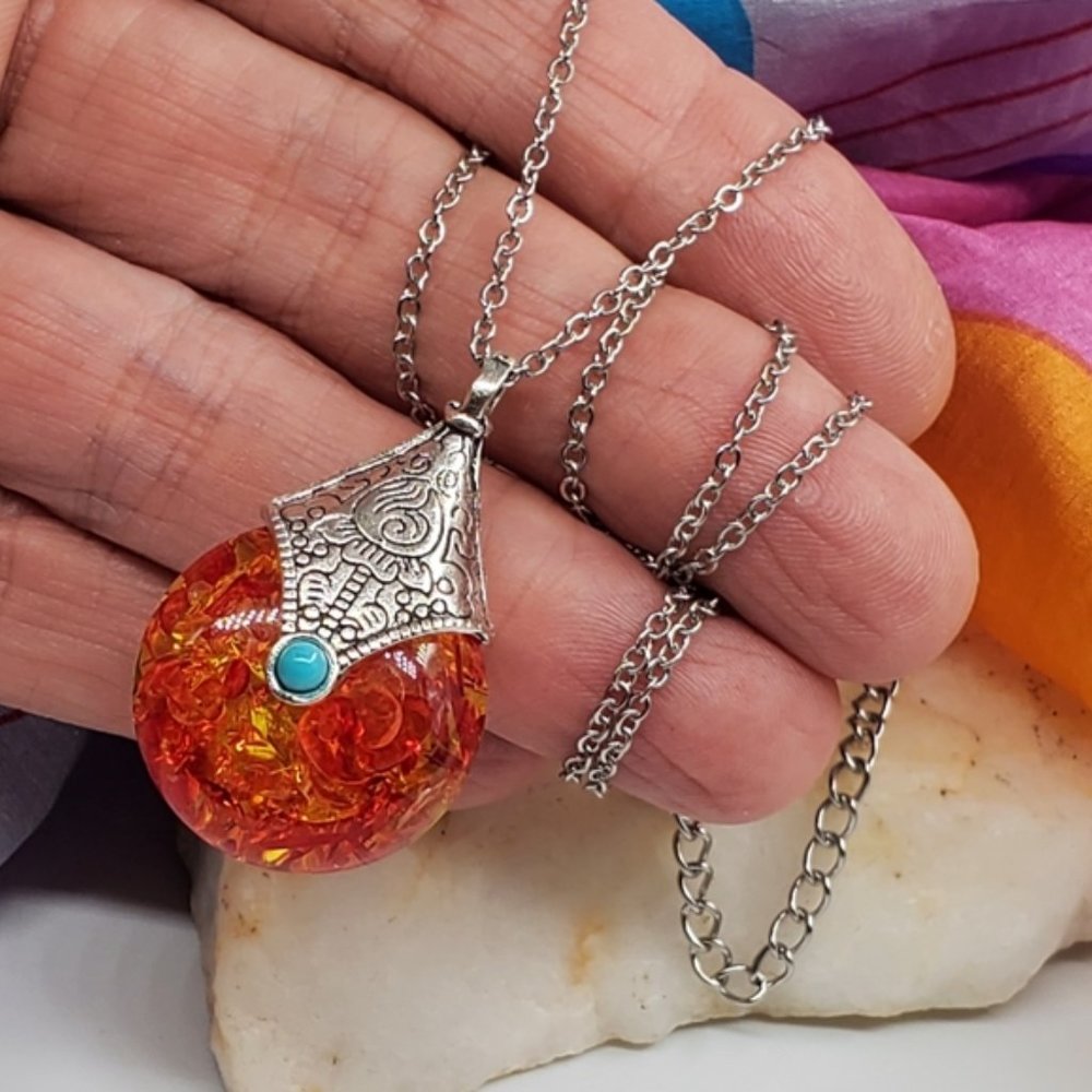 Eastern Pendant Boho Silver Necklace Resin Amber Turquoise Jewelry